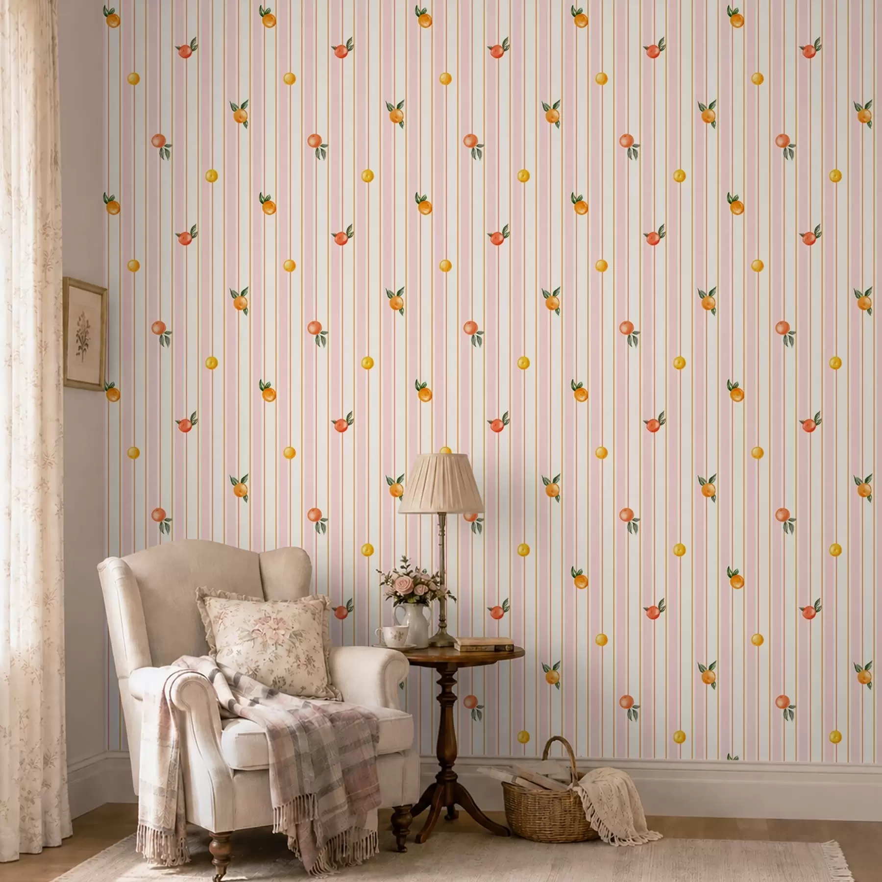 murales de pared Fruta naranja sobre rayas rosas y crema a01263v4