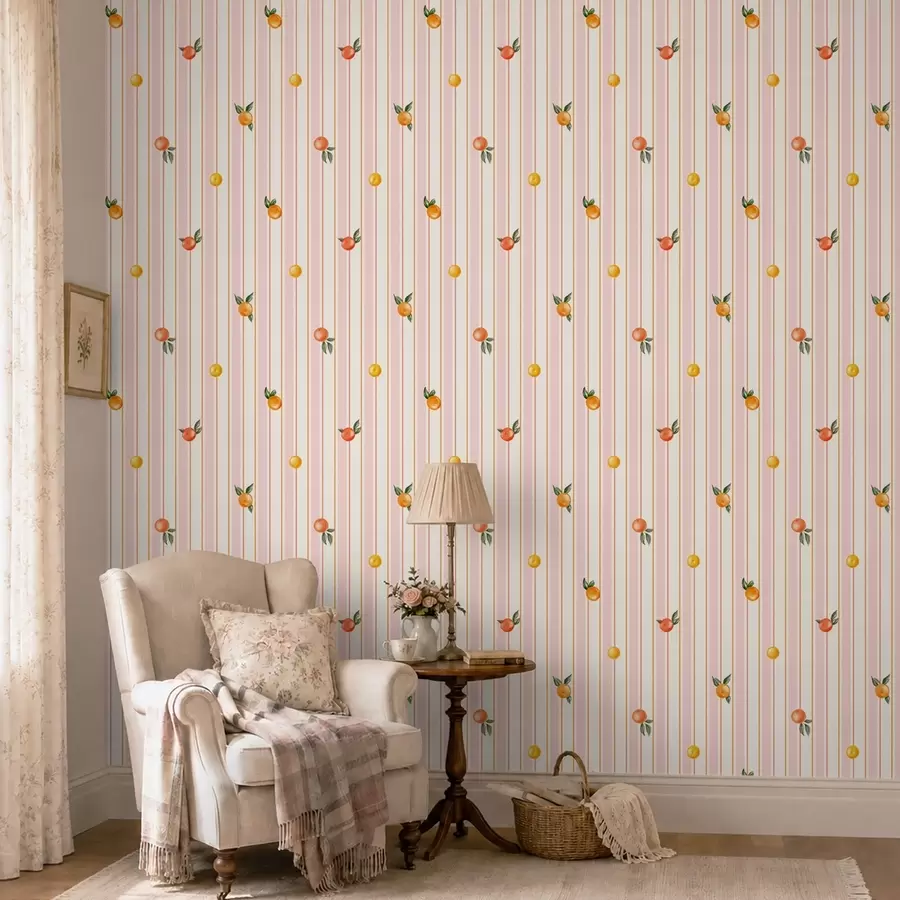 murales de pared Fruta naranja sobre rayas rosas y crema a01263v4