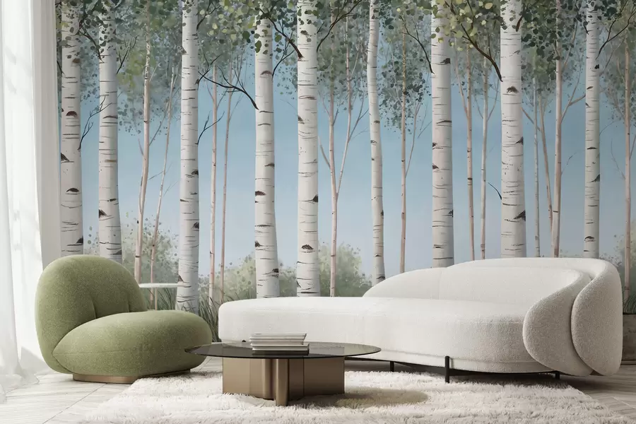 murales de pared Bosquecillo de abedules con troncos blancos recortados contra un cielo azul, al estilo de la acuarela w10047