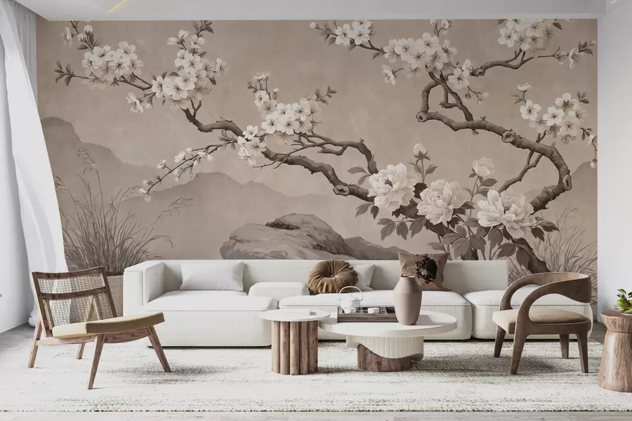 murales de pared Rama de cerezo en flor sobre rocas en tonos beige claro, al estilo de la pintura oriental w10052