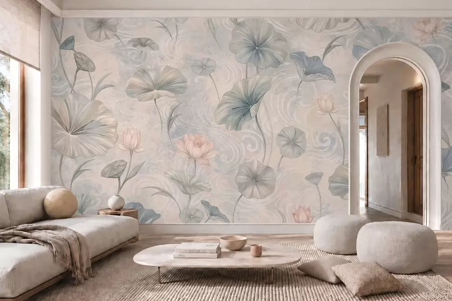 murales de pared Hojas grandes y flores rosas sobre un fondo claro w05808