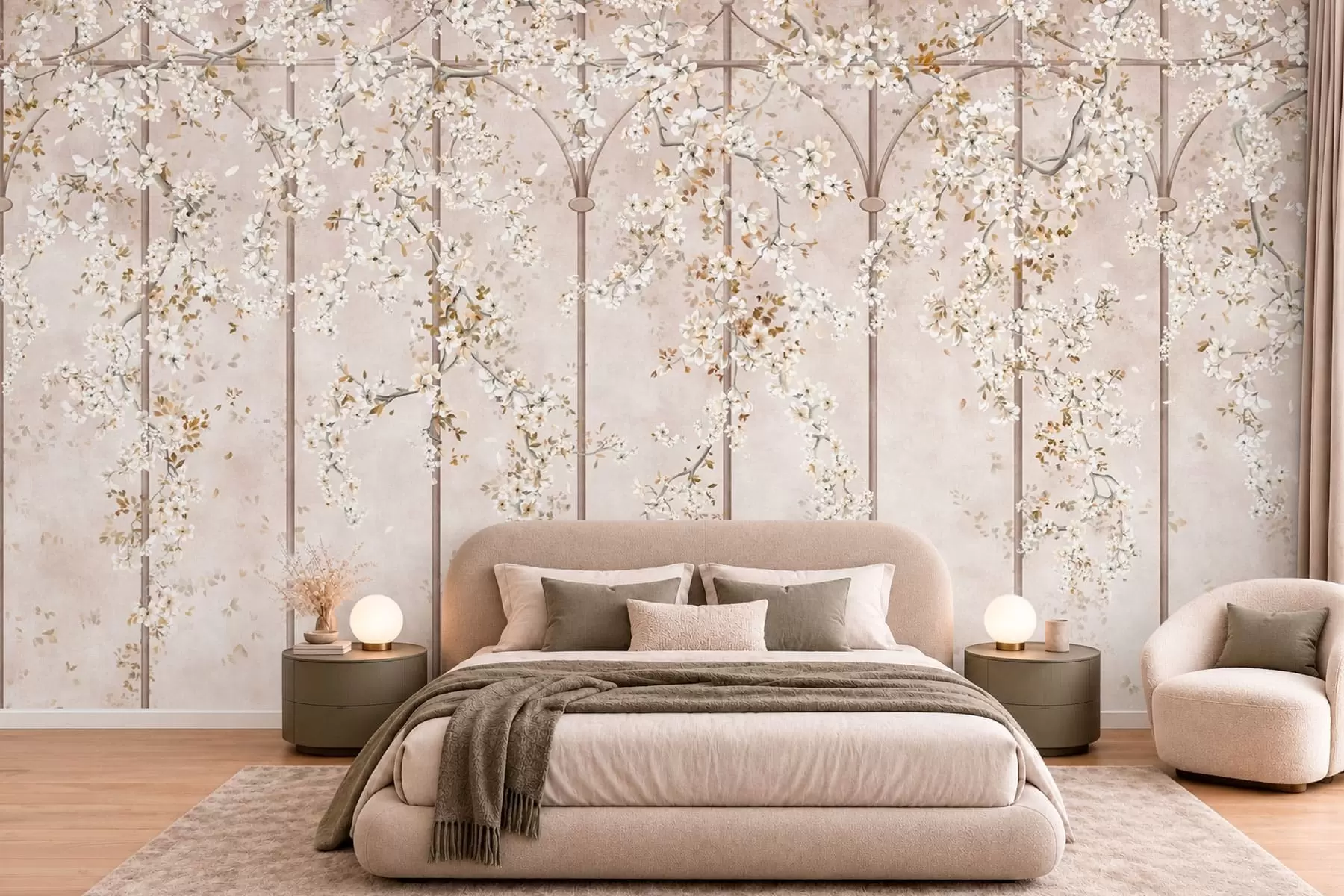 murales de pared Ramas blancas en flor sobre un enrejado decorativo w05923