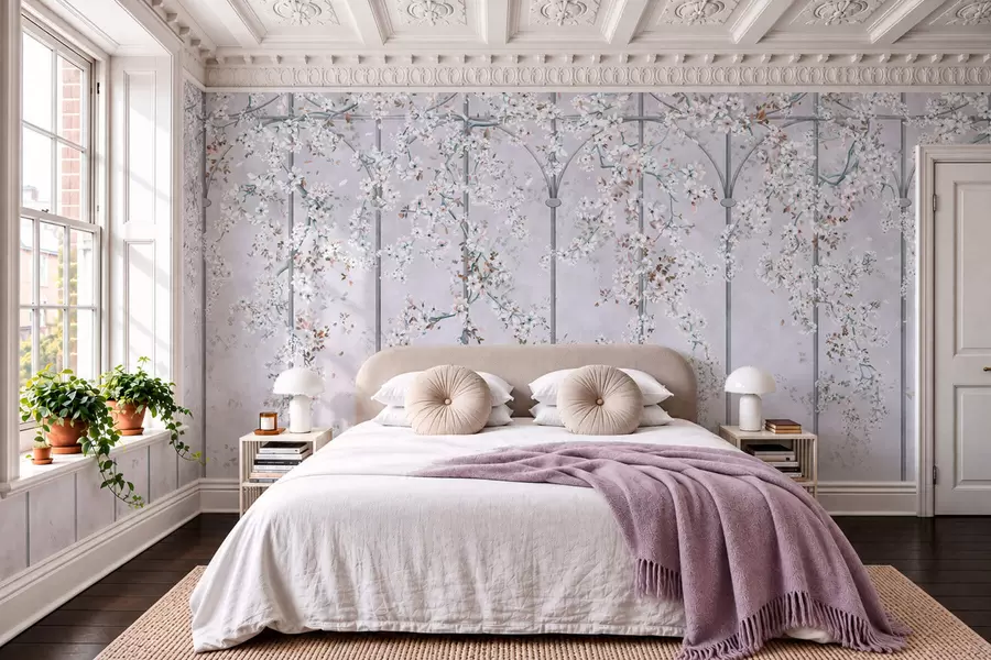 murales de pared Ramas con flores blancas sobre un enrejado decorativo azul y gris w05923v1