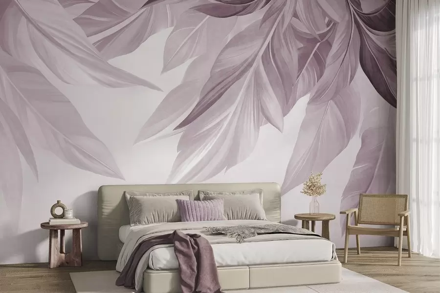 murales de pared Hojas tropicales, grandes, de color rosa apagado; fondo claro y con textura w10054v2