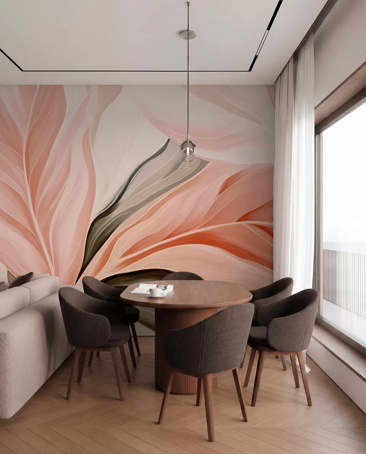 murales de pared Ritmo de hojas color coral w05915