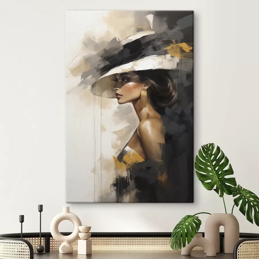 murales de pared Mujer joven abstracta con sombrero, imitando un cuadro s50845