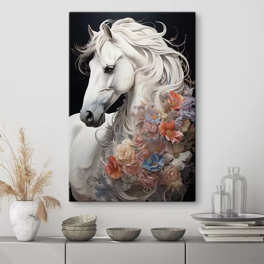 murales de pared Caballo blanco como la nieve con crin llameante s50762
