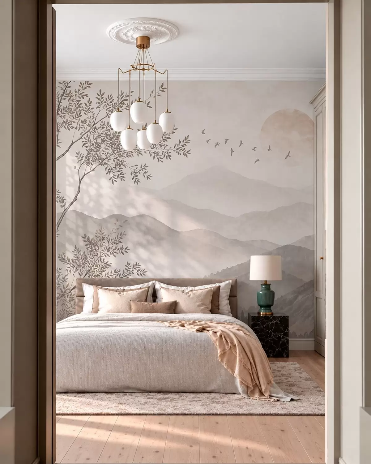 murales de pared Montañas brumosas con un árbol, pájaros y el sol w05924v1