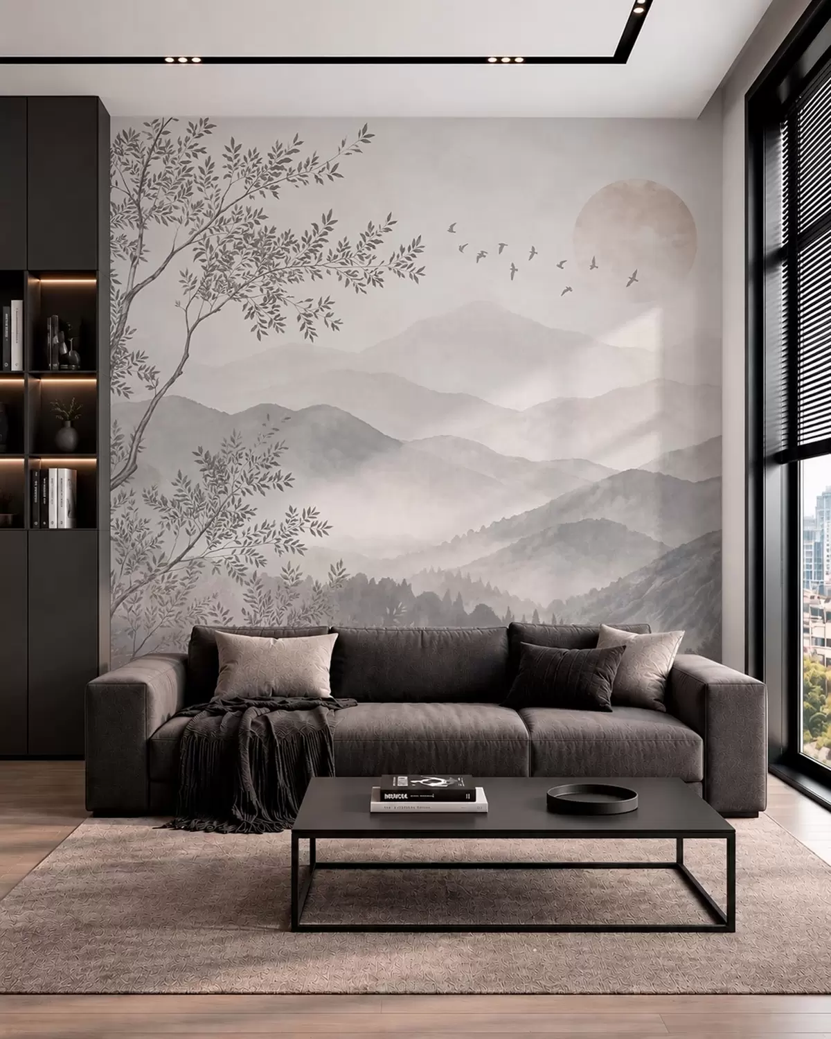 murales de pared Paisaje montañoso de tonos pálidos con un árbol y pájaros w05924v2