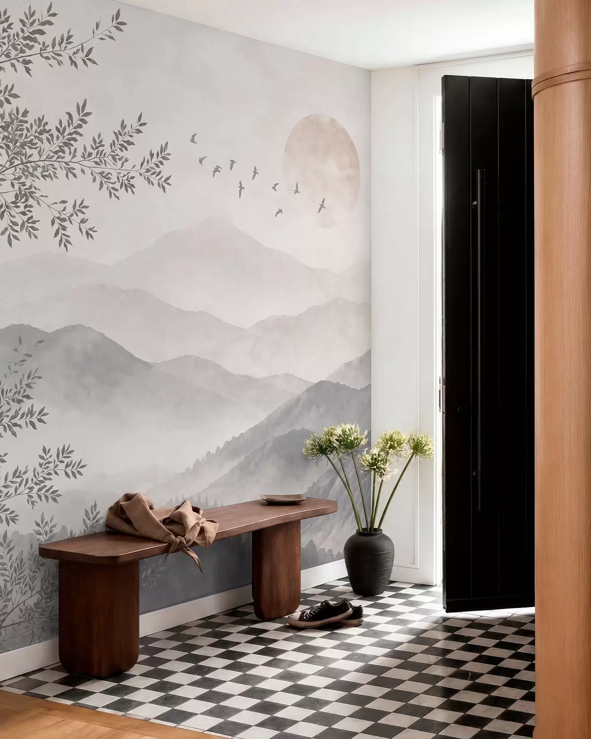 murales de pared Paisaje montañoso de tonos pálidos con un árbol y pájaros w05924v2