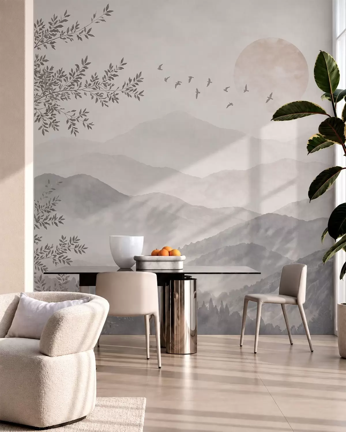 murales de pared Paisaje montañoso de tonos pálidos con un árbol y pájaros w05924v2