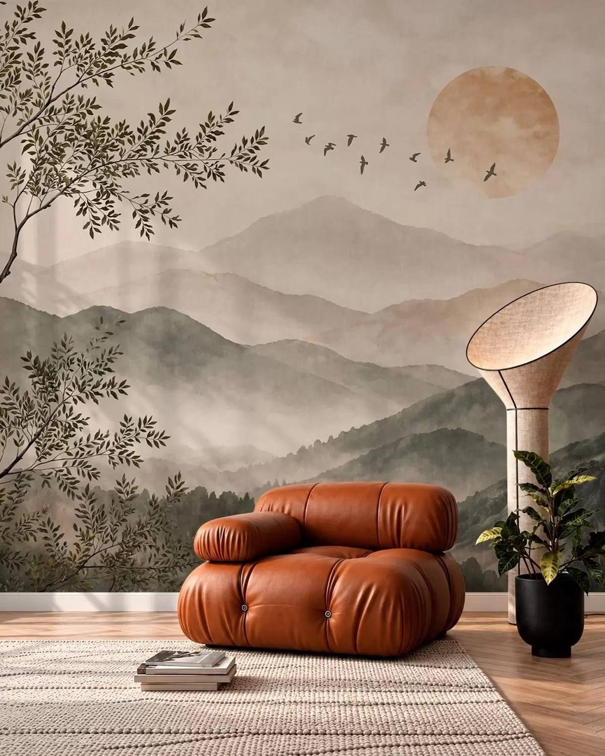 murales de pared Cordilleras con un árbol, pájaros y el sol w05924v3