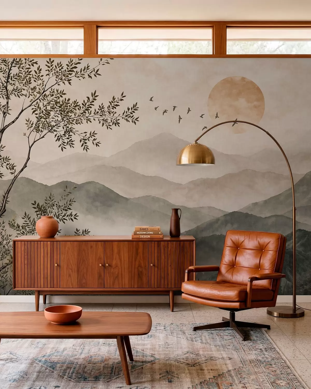 murales de pared Cordilleras con un árbol, pájaros y el sol w05924v3