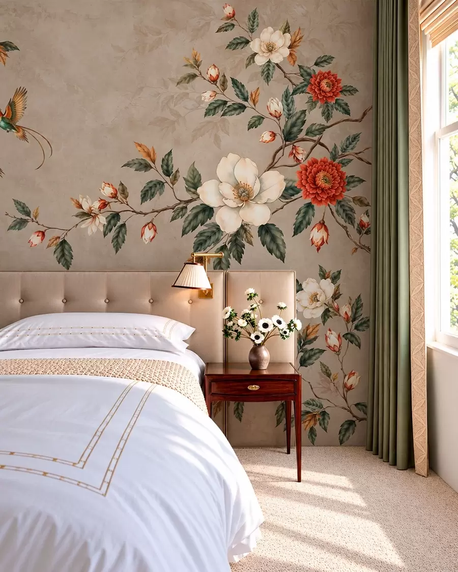 murales de pared Flores, hojas verdes y dos pájaros sobre un fondo claro w05927v1