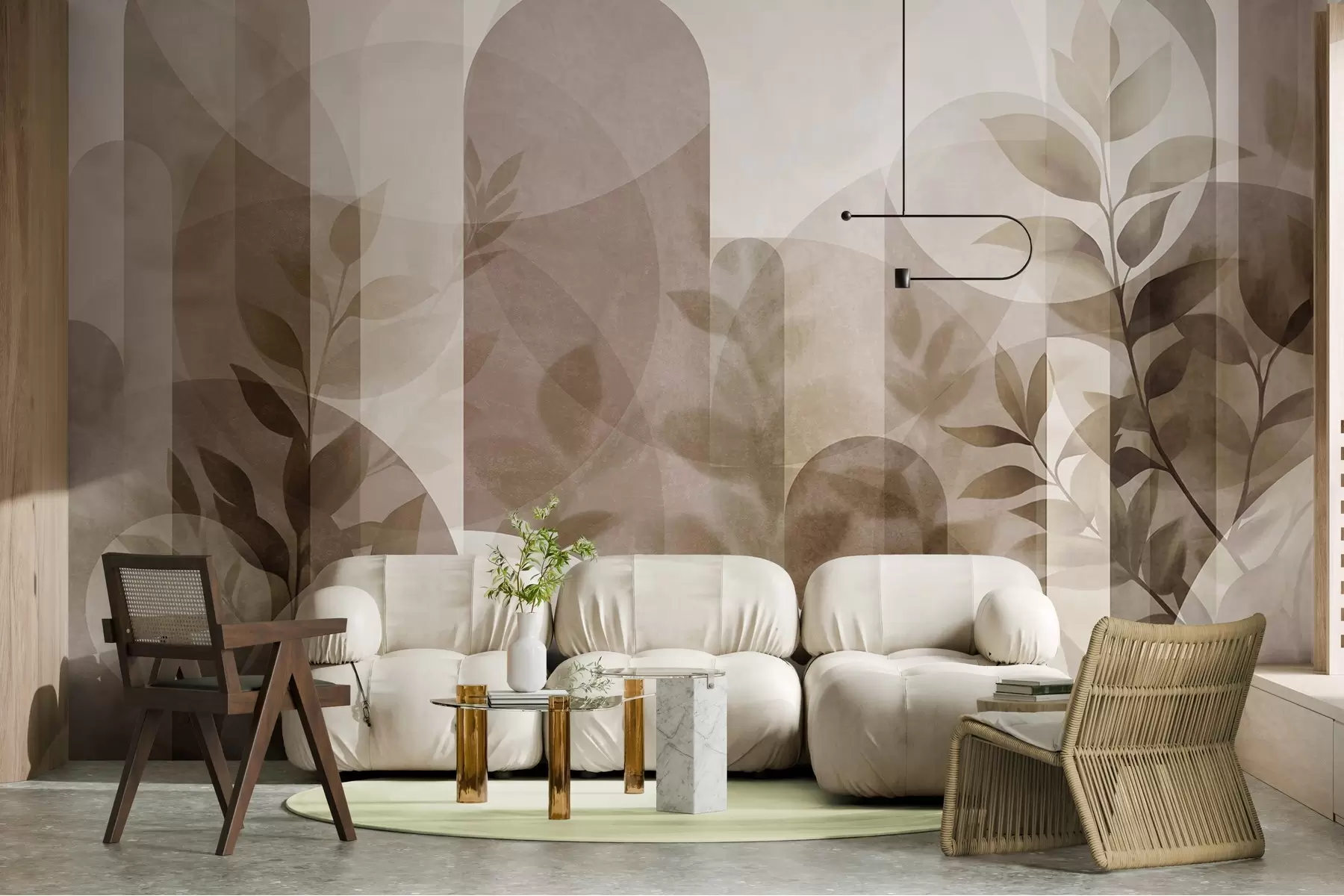 murales de pared Elementos geométricos abstractos y delicadas hojas en tonos apagados de marrón y beige w10088