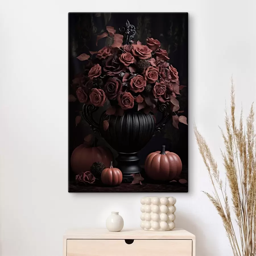 murales de pared Rosas burdeos y calabaza en un jarrón oscuro s50913