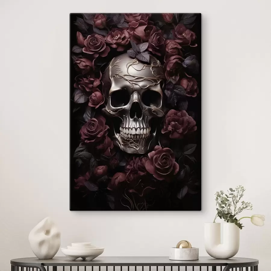 murales de pared Misterioso relieve de una calavera entre rosas de Borgoña s50914