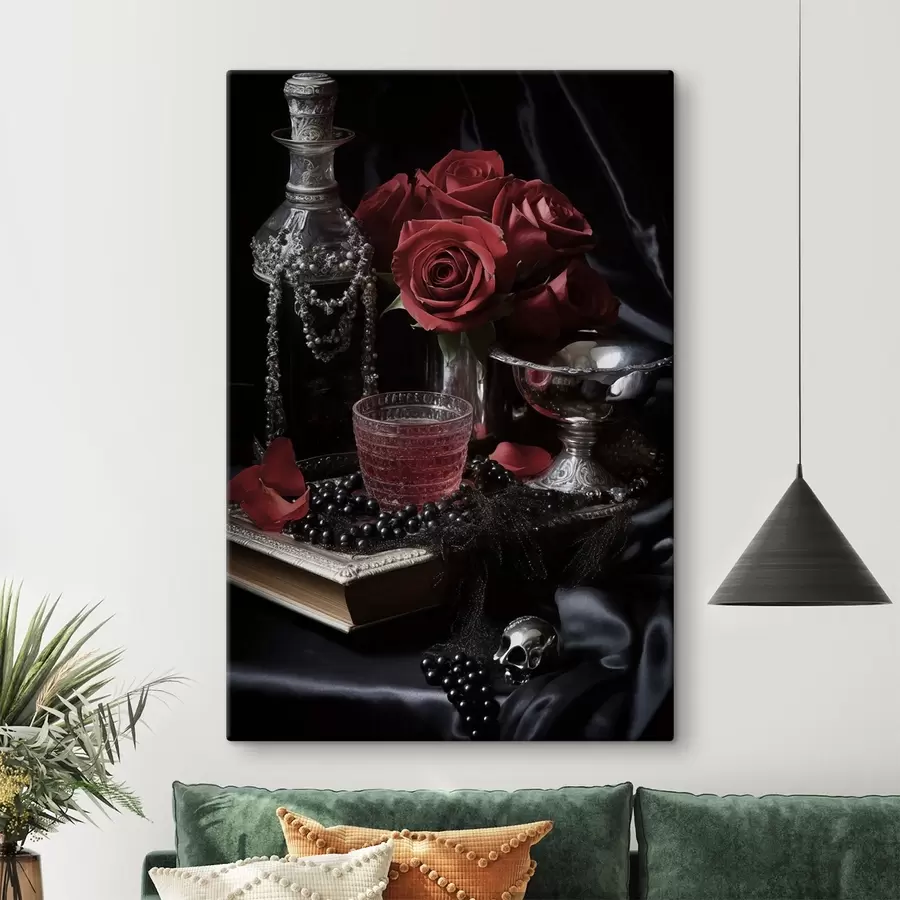 murales de pared Naturaleza muerta vintage con cristal y rosas s50915