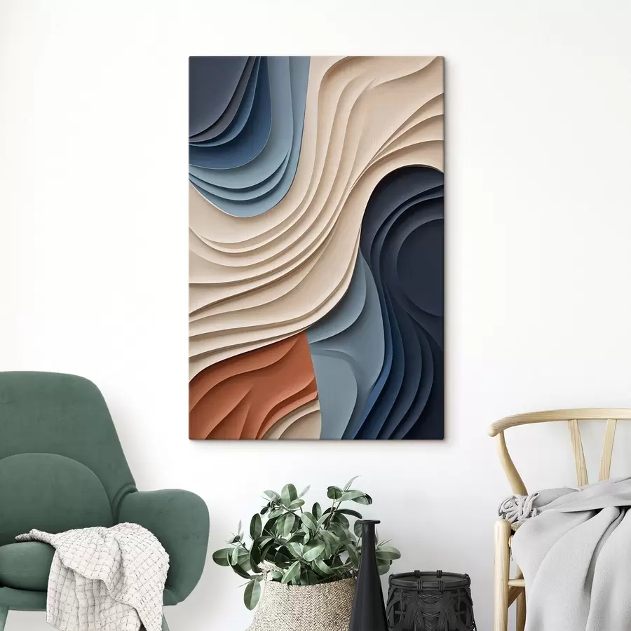 murales de pared Capas abstractas y onduladas en tonos crema, azul y naranja; arte moderno con textura s50949