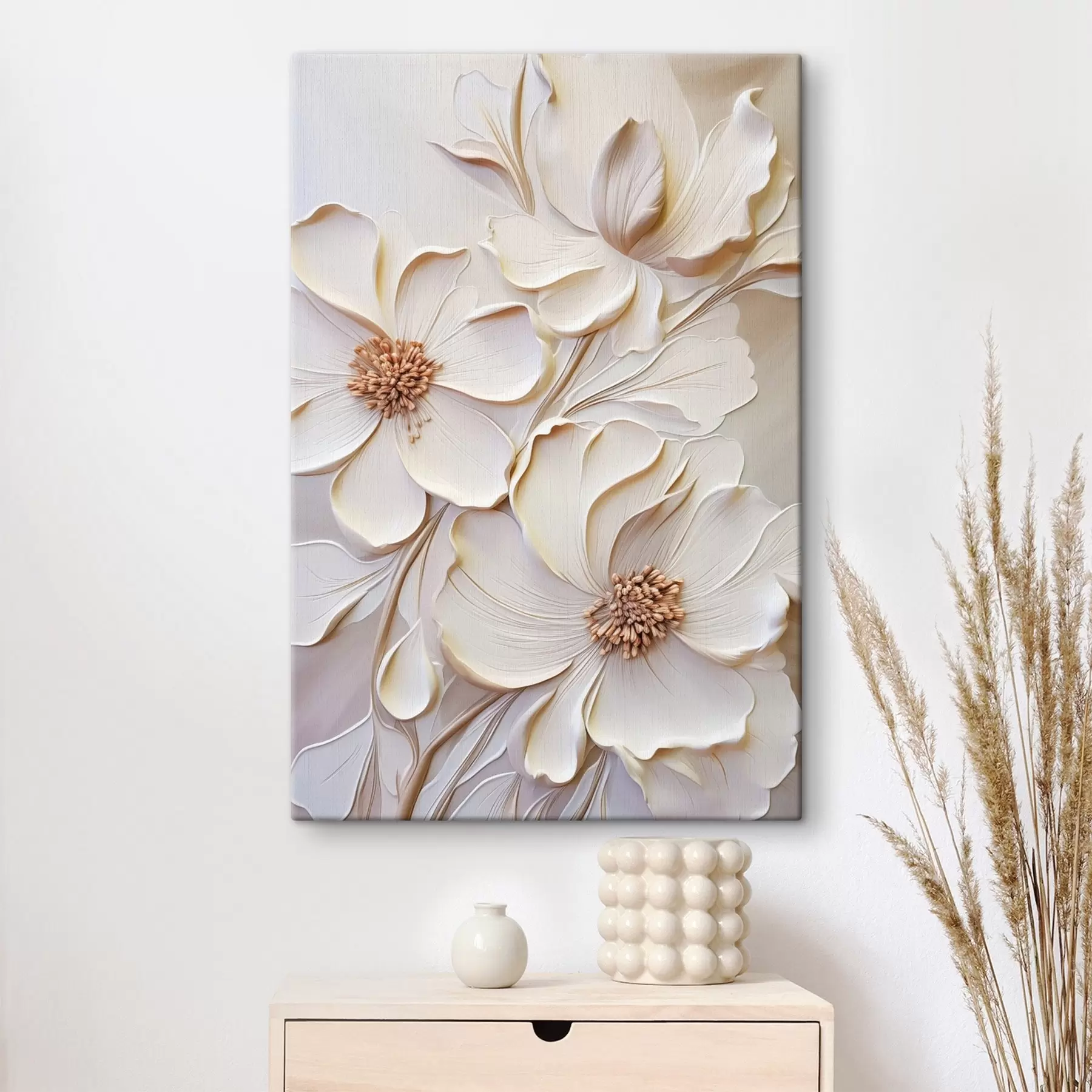murales de pared Flores de color crema con pétalos texturizados, sobre un fondo suave y claro s50958