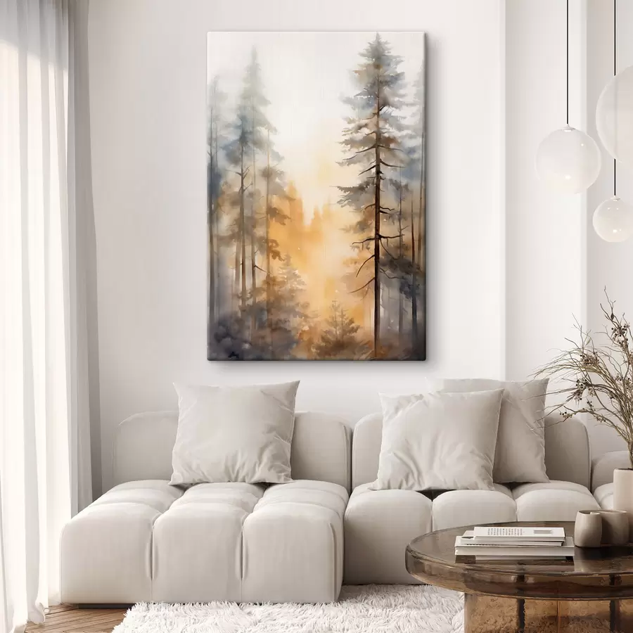 murales de pared Pinos altos, paisaje forestal bañado por una cálida luz anaranjada s50959