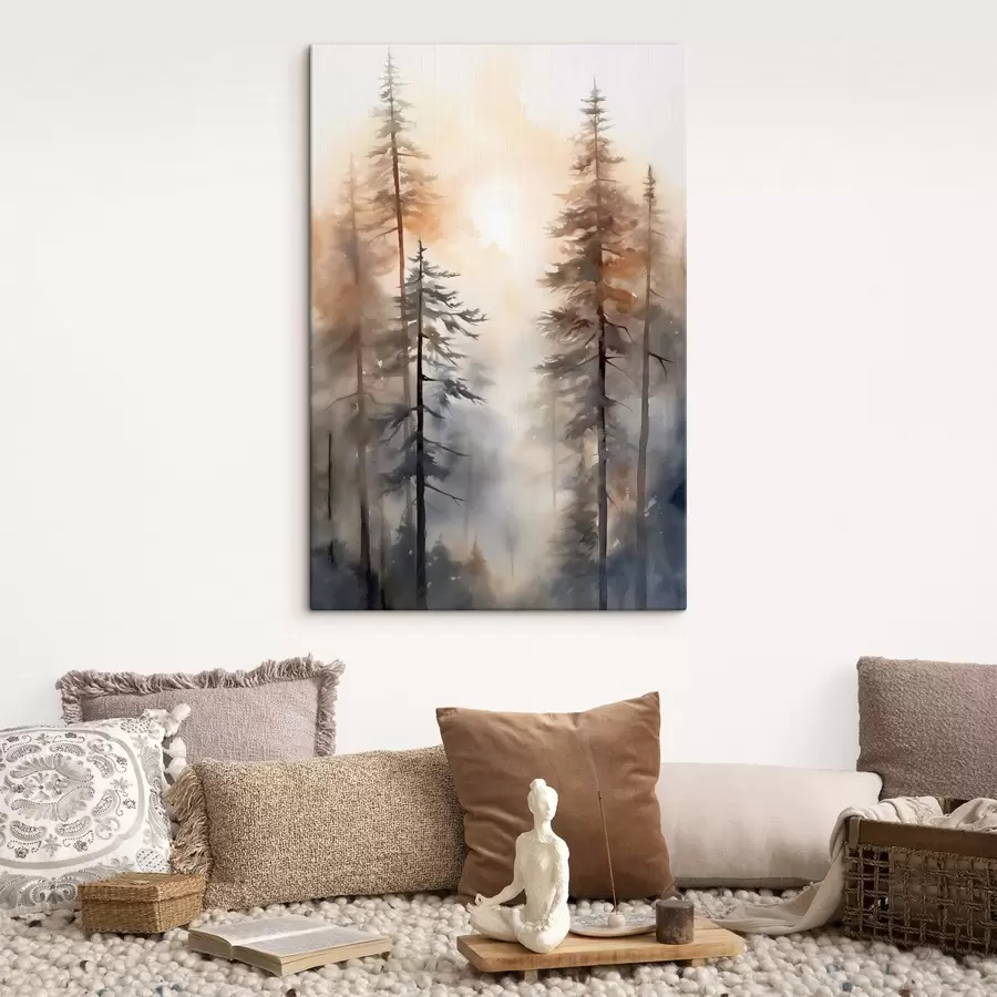 murales de pared Pinos altos, paisaje forestal bañado por una cálida luz anaranjada s50960