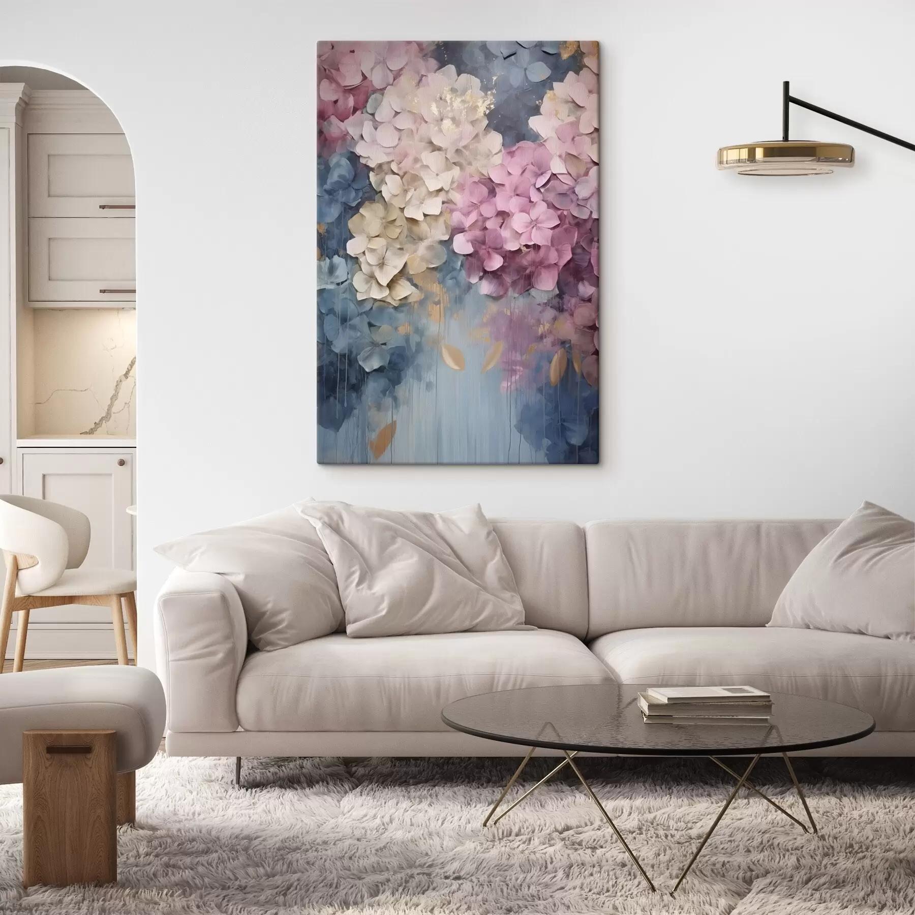 murales de pared Hortensias en tonos rosa, crema y azul, con pétalos texturizados; arte abstracto s50967
