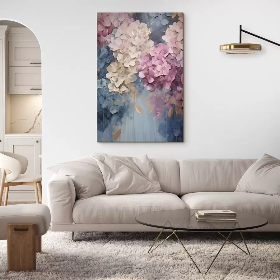 murales de pared Hortensias en tonos rosa, crema y azul, con pétalos texturizados; arte abstracto s50967