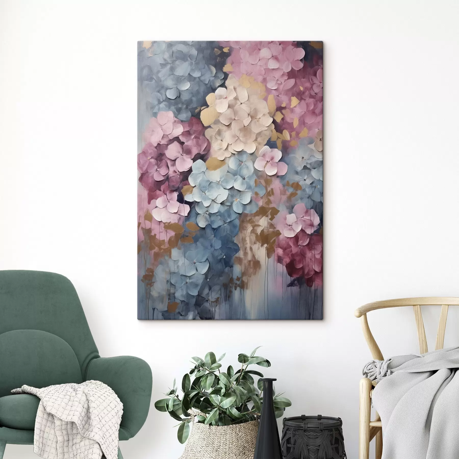 murales de pared Hortensias en tonos rosa, crema y azul, con pétalos texturizados; arte abstracto s50968