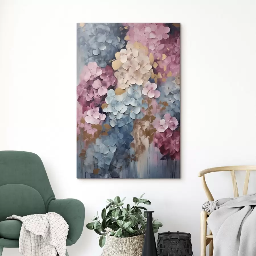 murales de pared Hortensias en tonos rosa, crema y azul, con pétalos texturizados; arte abstracto s50968