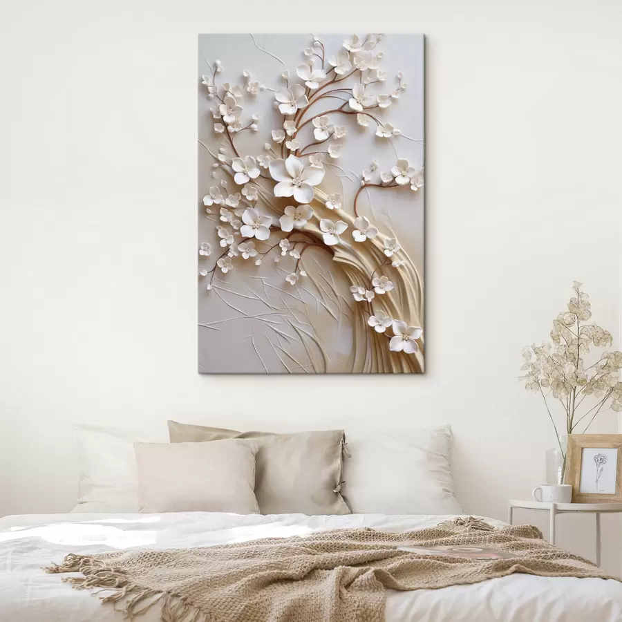 murales de pared Árbol con flores blancas y tallos marrones, sobre un fondo beige claro con remolinos texturizados s50971