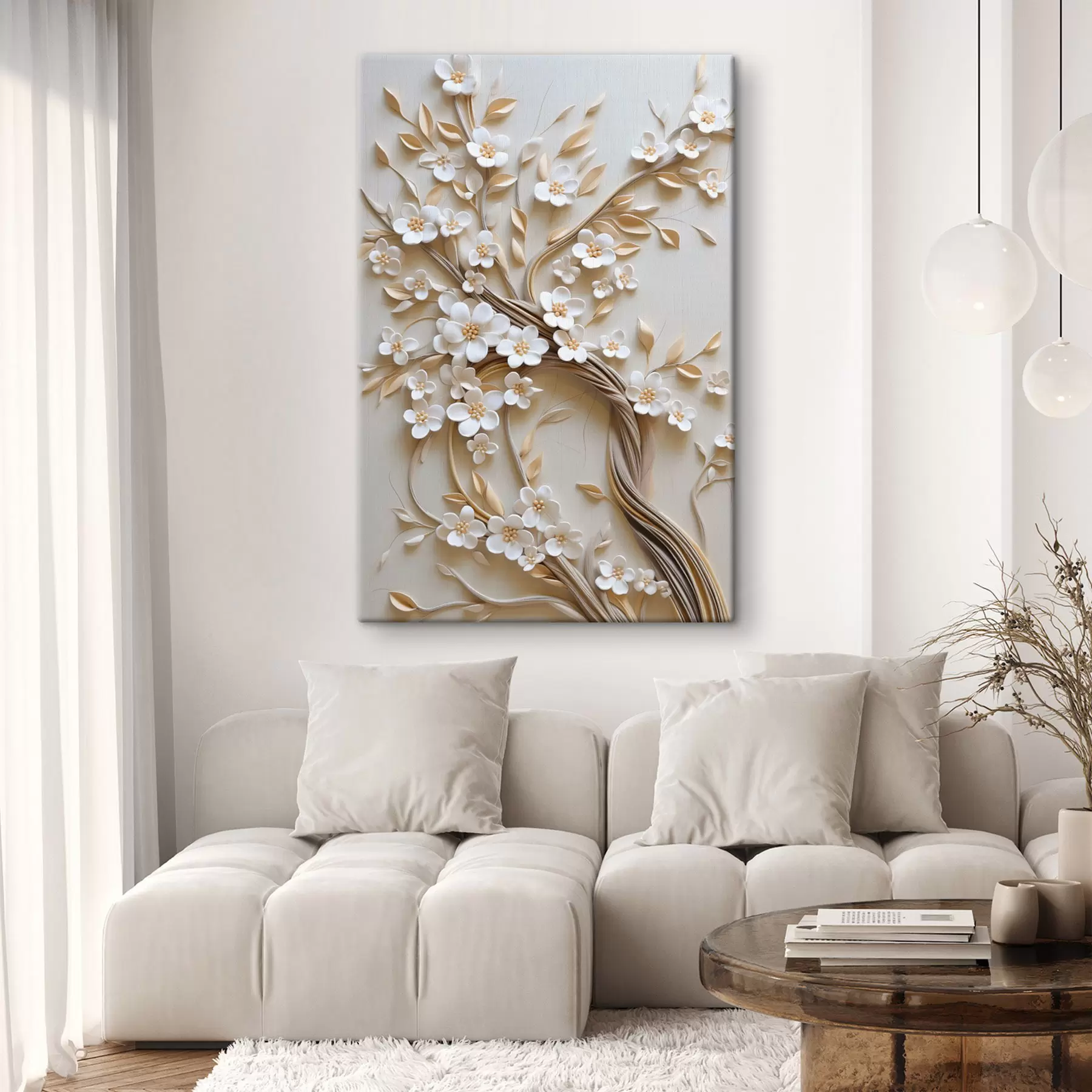 murales de pared Árbol con flores blancas y tallos marrones, sobre un fondo beige claro con remolinos texturizados s50972