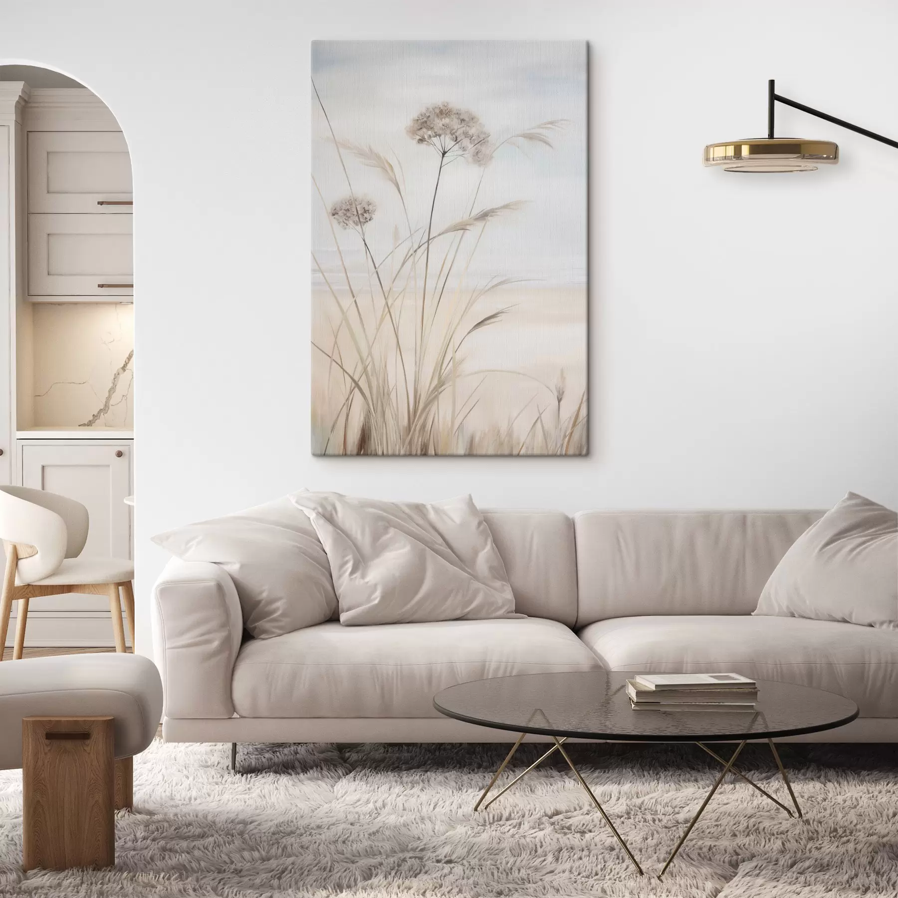 murales de pared Hierba alta y seca y flores en tonos beige y blanco apagados, con un fondo suave y difuminado s50973