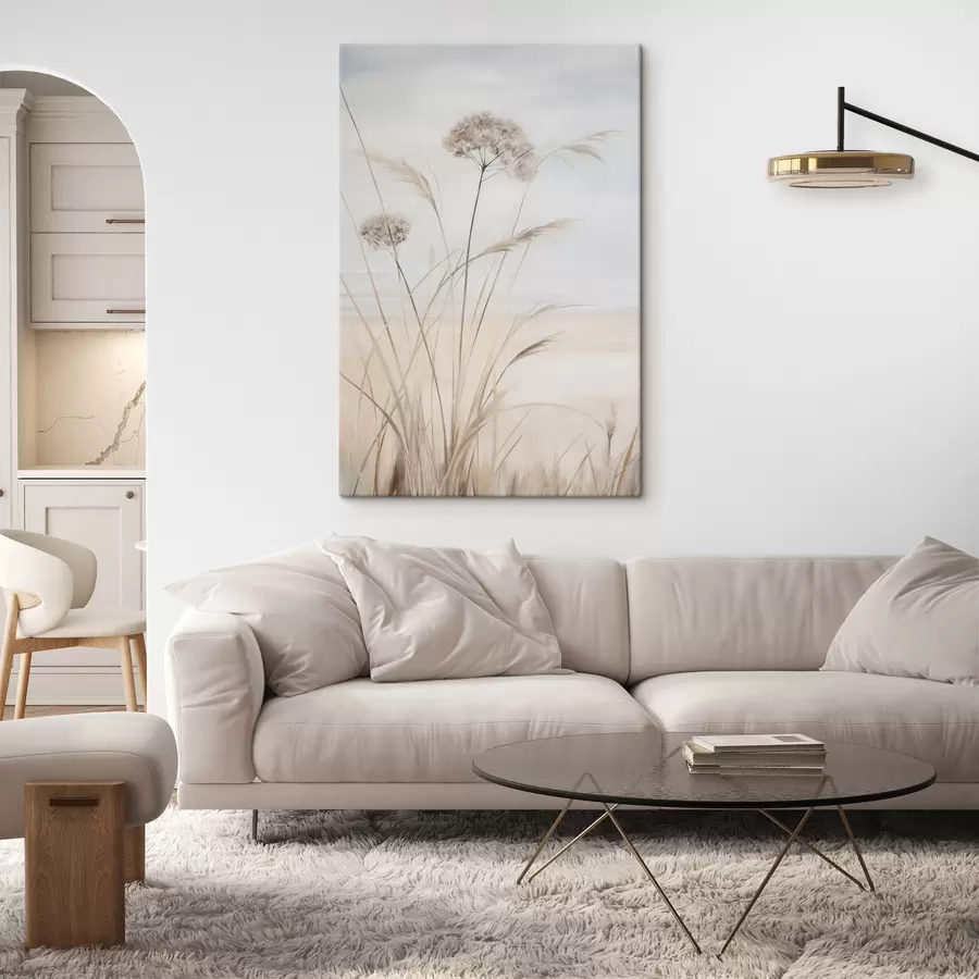 murales de pared Hierba alta y seca y flores en tonos beige y blanco apagados, con un fondo suave y difuminado s50973