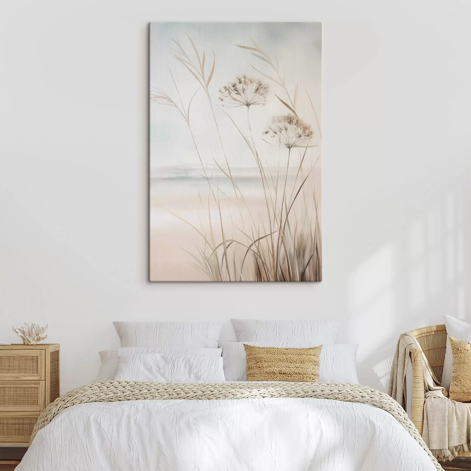 murales de pared Hierba alta y seca y flores en tonos beige y blanco apagados, con un fondo suave y difuminado s50974