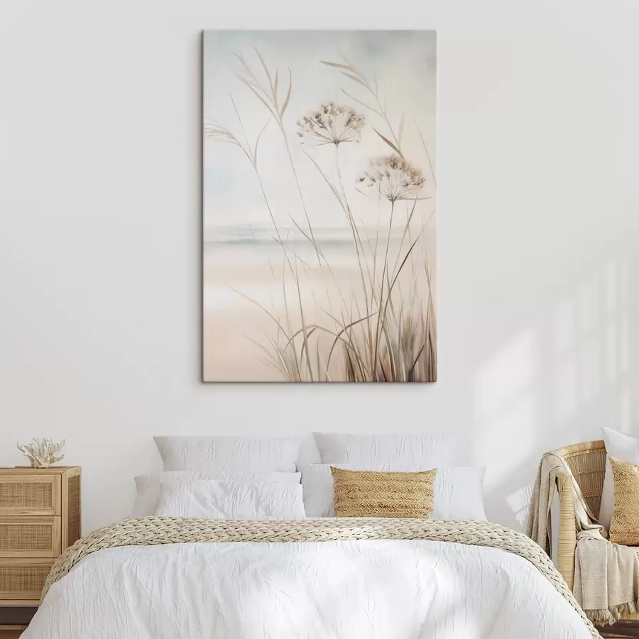 murales de pared Hierba alta y seca y flores en tonos beige y blanco apagados, con un fondo suave y difuminado s50974