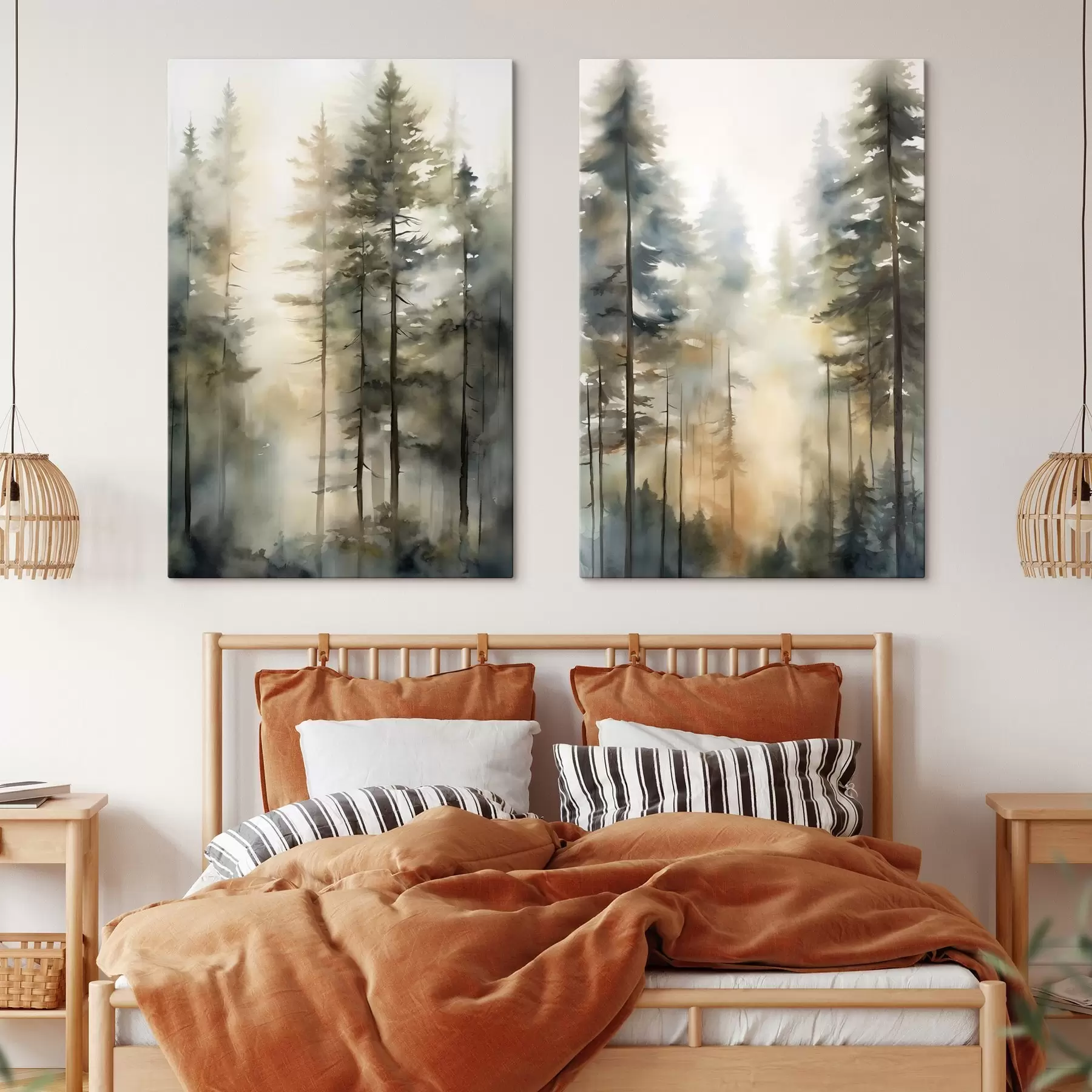 murales de pared Altos pinos en un bosque envuelto en niebla, bañado por la luz del sol m31040