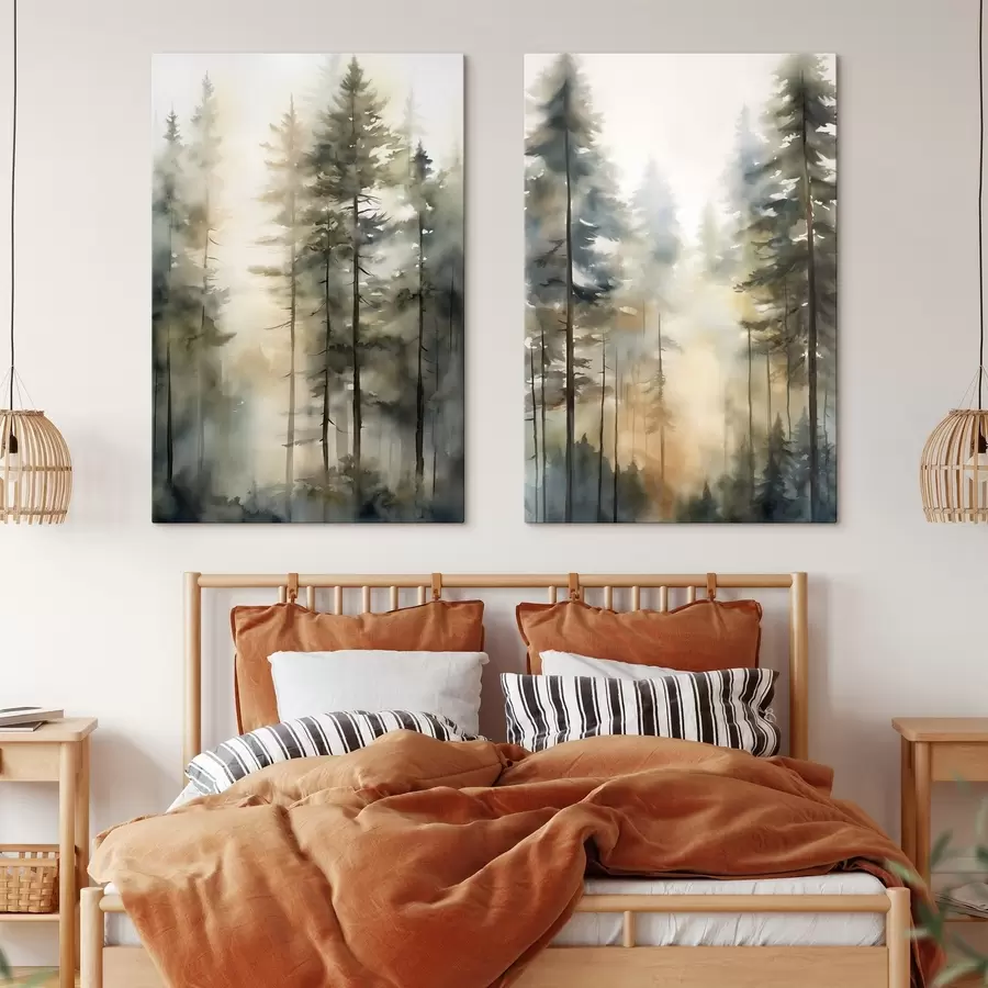 murales de pared Altos pinos en un bosque envuelto en niebla, bañado por la luz del sol m31040