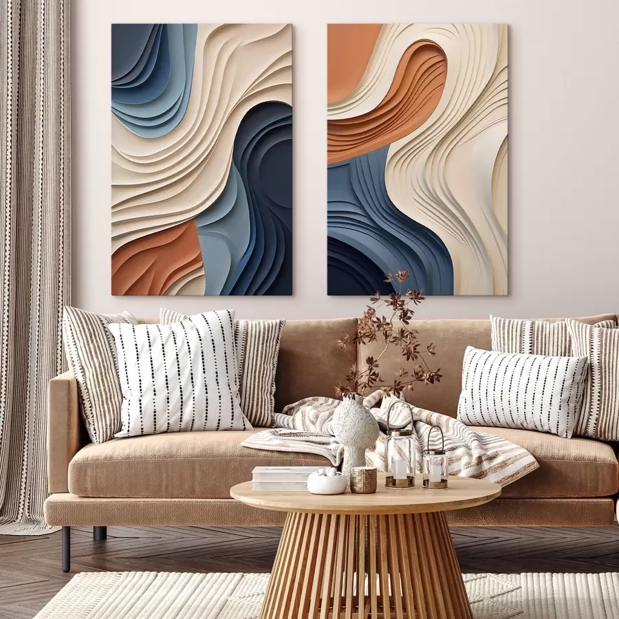 murales de pared Capas abstractas y onduladas en tonos crema, azul y naranja; arte moderno con textura m31041