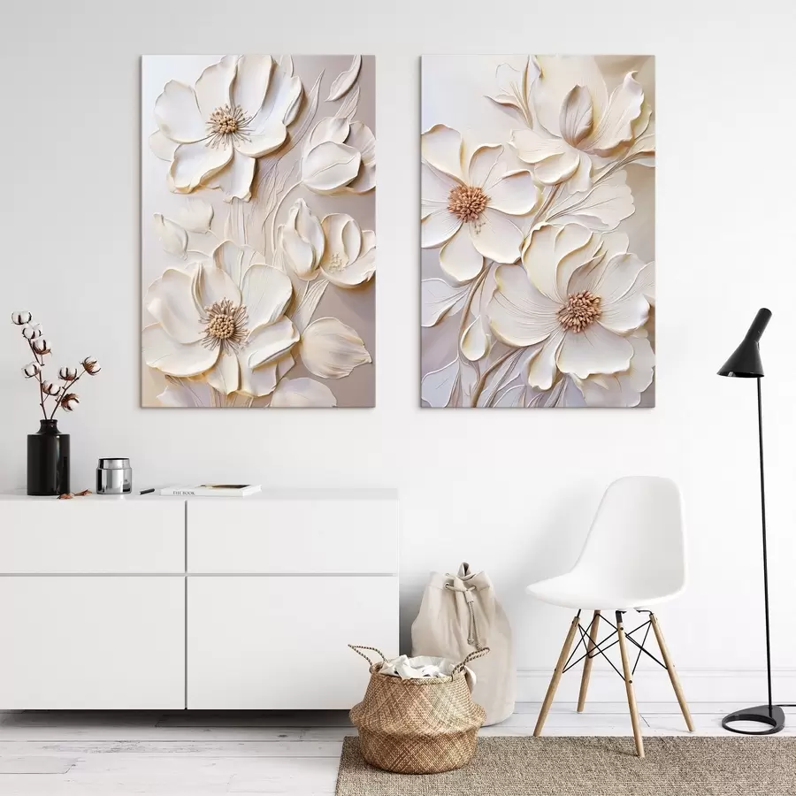 murales de pared Flores de color crema con pétalos texturizados, sobre un fondo suave y claro m31045