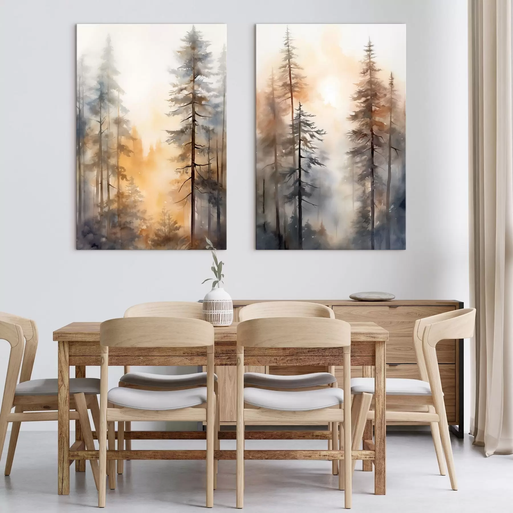 murales de pared Pinos altos, paisaje forestal bañado por una cálida luz anaranjada m31046