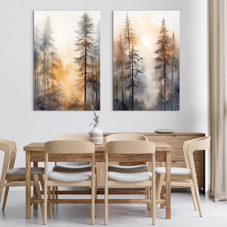 murales de pared Pinos altos, paisaje forestal bañado por una cálida luz anaranjada m31046