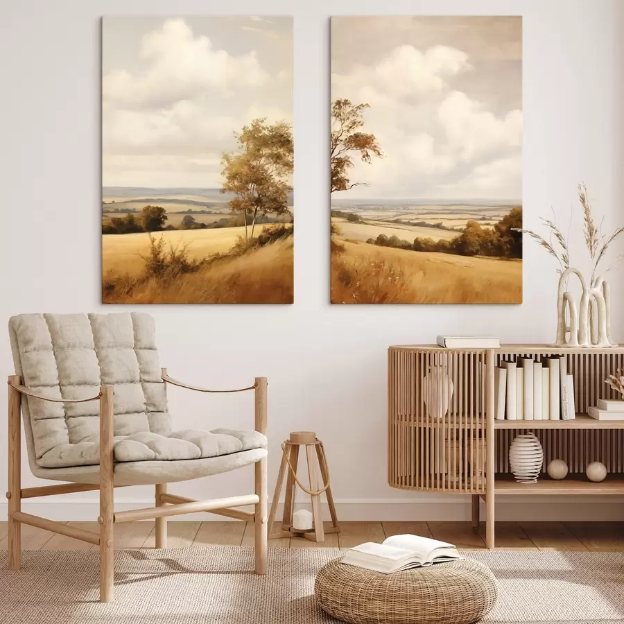 murales de pared Paisaje con textura, con colinas onduladas y campos, follaje otoñal, estilo pictórico m31049