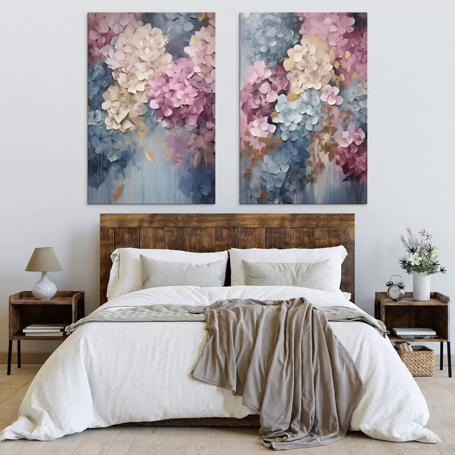 murales de pared Hortensias en tonos rosa, crema y azul, con pétalos texturizados; arte abstracto m31050