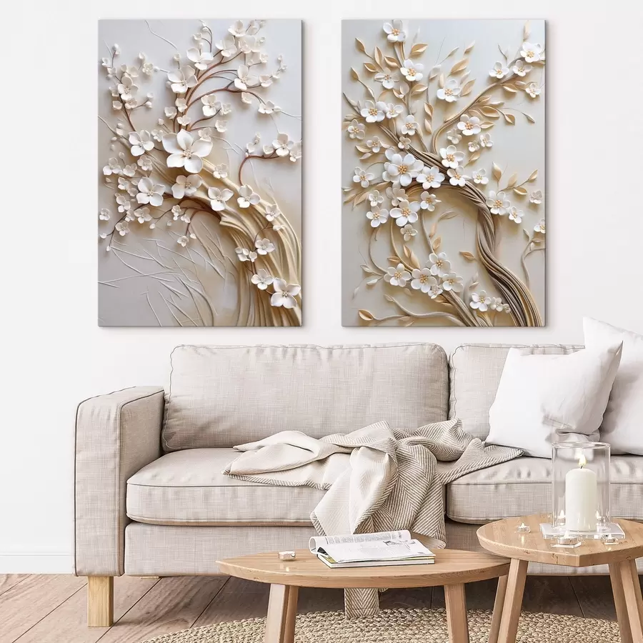 murales de pared Árbol con flores blancas y tallos marrones, sobre un fondo beige claro con remolinos texturizados m31052