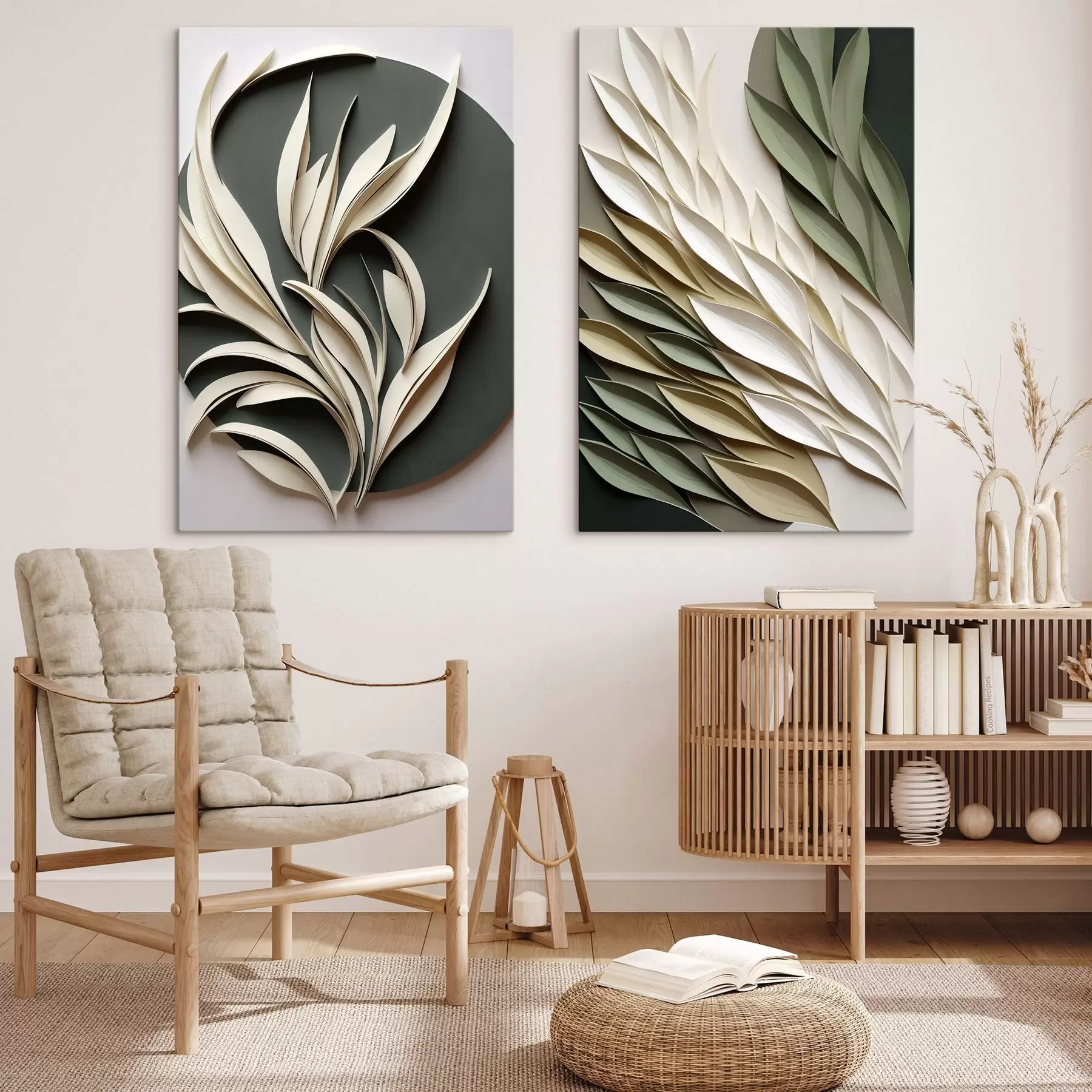 murales de pared Hojas marfil sobre verde m31054