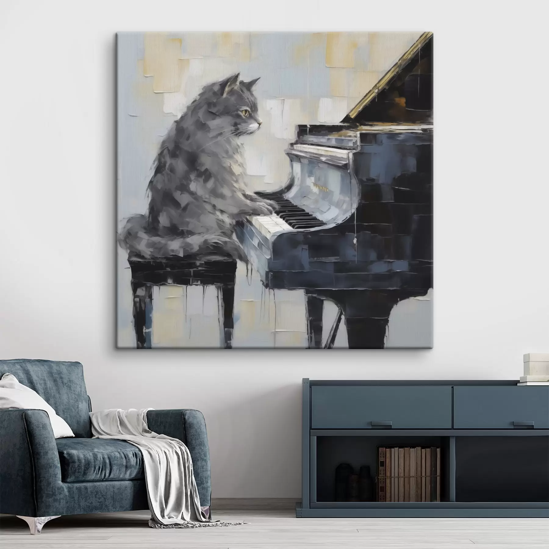 murales de pared Gato tocando el piano de cola, estilo de pintura imitativa s50989