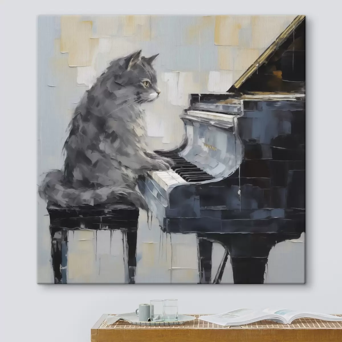 murales de pared Gato tocando el piano de cola, estilo de pintura imitativa s50989