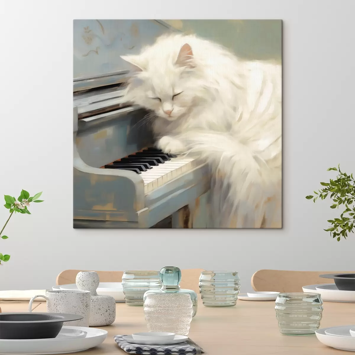 murales de pared Gato durmiendo sobre las teclas de un piano, imitación de un cuadro s50990