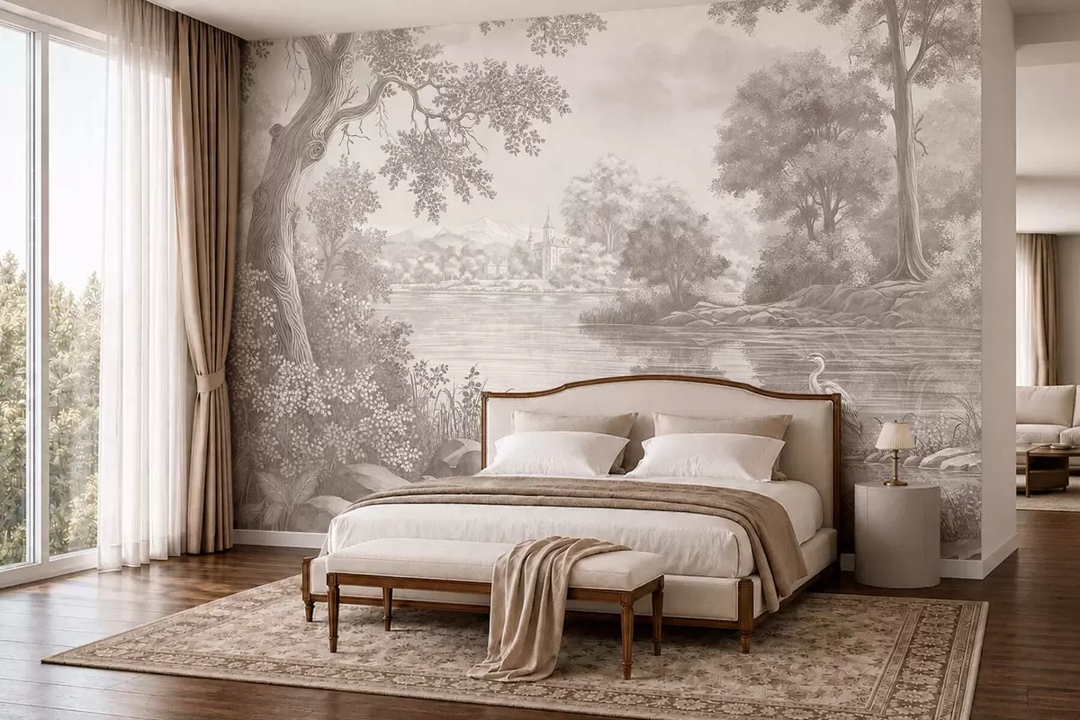 murales de pared Paisaje forestal monocromo con un lago y una garza w05805